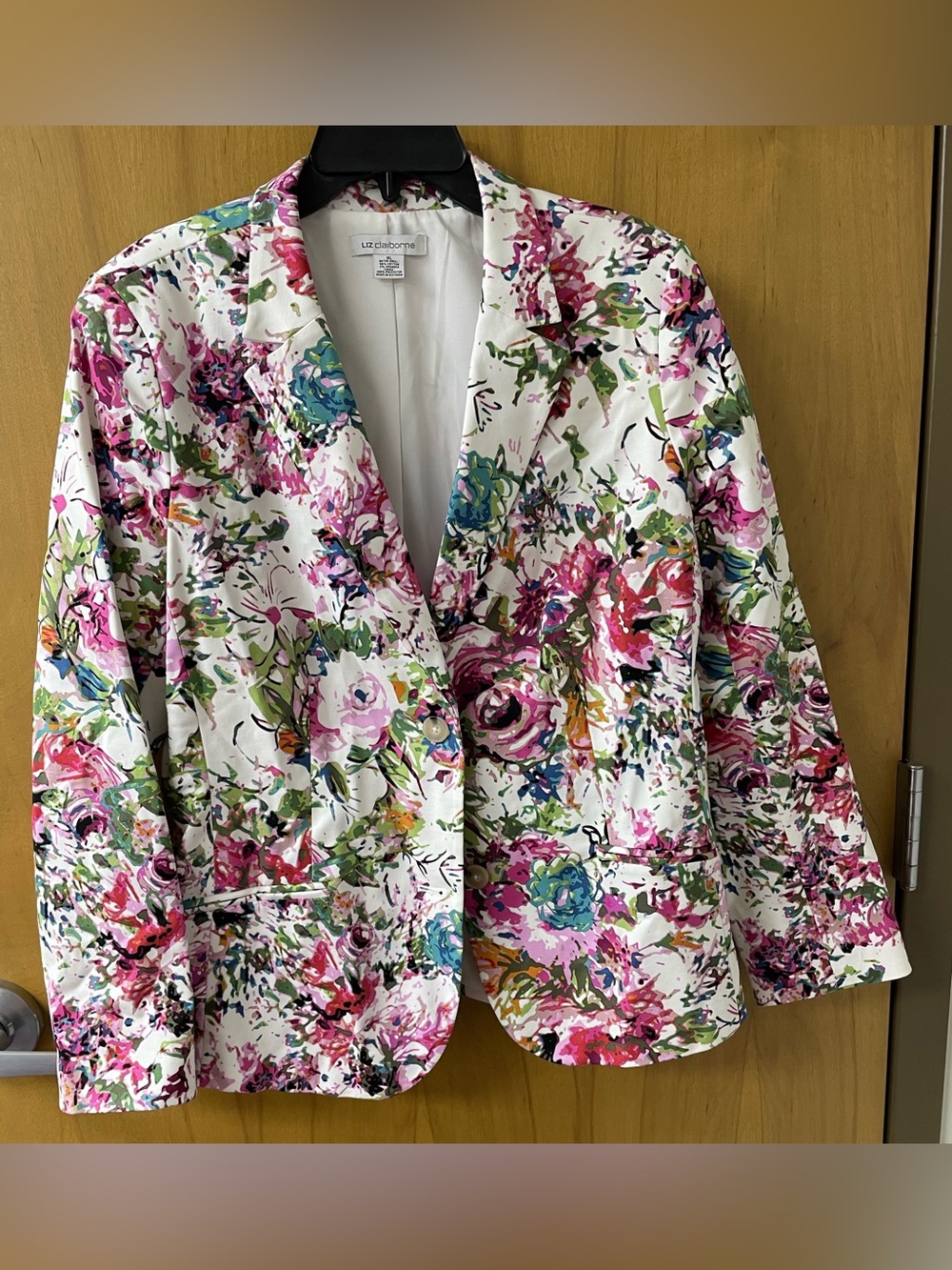 Liz Claiborne Women’s White Blazer with Pink & Teal Floral Print Cotton Blend XL